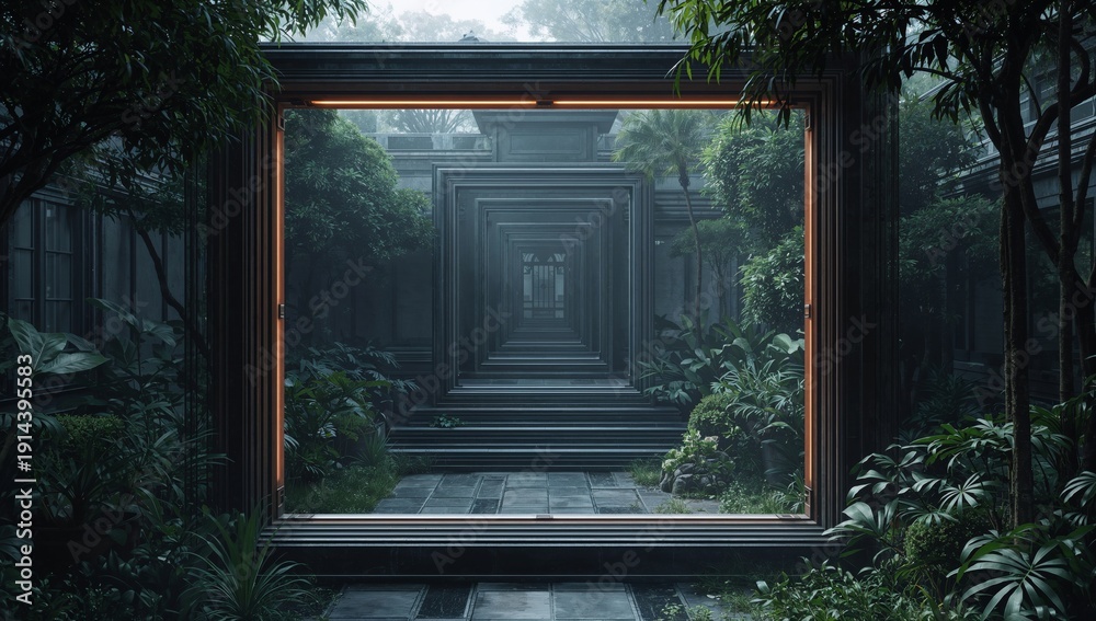 Fototapeta premium Exploring a Garden With Unique Frames Forming a Tunnel in a Misty Setting