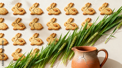 Pattern of almond-eyed bunny cookies with fresh green wheat stalks across warm rustic surface for healthy-holiday packaging concept