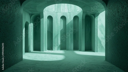 Light Shines Through Arches in a Green Interior Space With Smooth Surfaces in...