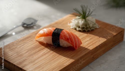 Fresh Salmon Sushi on a Wooden Board With Wasabi and Ginger Nearby in a Brigh...