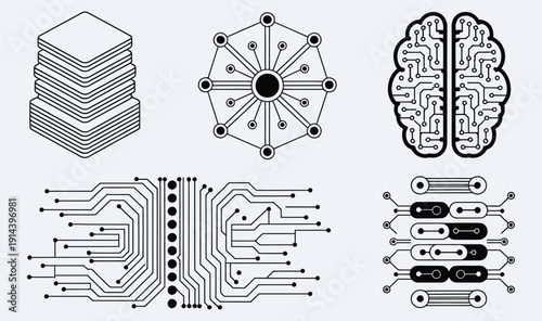 Abstract Circuit Board Technology and Artificial Intelligence Line Icons Vector Set