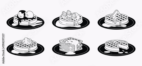 Set of black and white waffle vector illustrations with various toppings