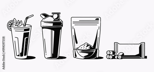 Sport nutrition and fitness supplements vector icon set
