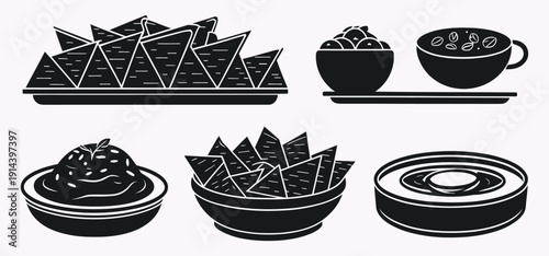 Mexican Nachos, Chips, and Dips Silhouette Vector Icon Set