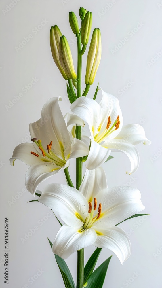 Obraz premium Elegant White Lilies Bloom With Yellow Stamens Against White Background
