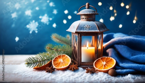 Rustic Lantern With Glowing Candle Surrounded By Snow Dusted Spruce Branches Dried Orange Slices And Cozy Blue Fabric Atmospheric Winter Holiday Still Life With Copy Space