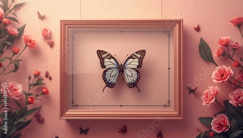 Butterfly Displayed in a Frame Surrounded by Roses on a Pink Background in a ...