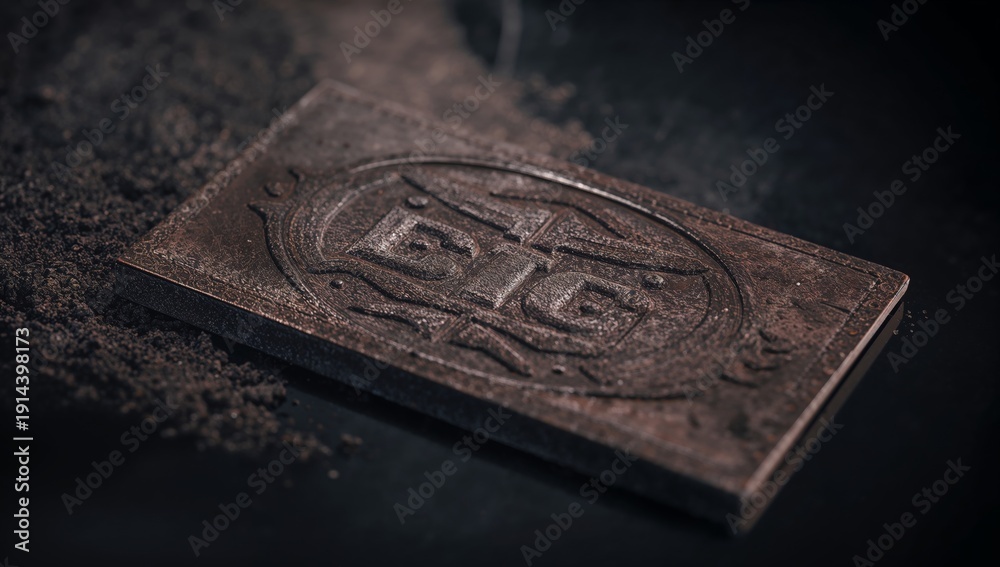 Fototapeta premium Metal Plate With Logo on a Black Surface With Powder Around It During a Creative Activity