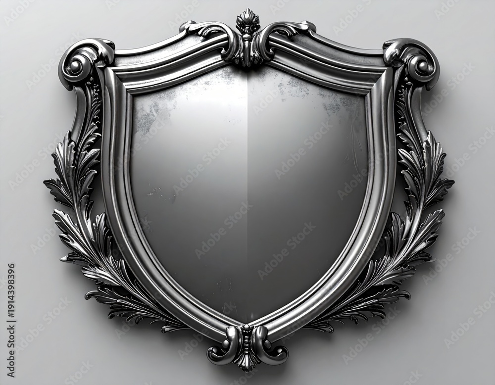 Obraz premium Silver Metallic Ornate Shield Emblem With Laurel Wreath on Gray Background