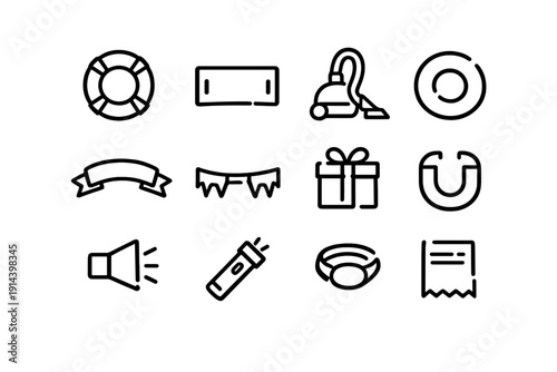 Minimalist black line icons set featuring lifebuoy vacuum cleaner gift box megaphone flashlight and receipt on white background
