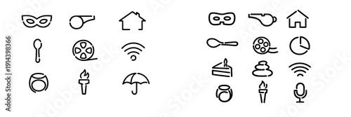 Minimalist black line icons including house mask whistle spoon film wifi ring torch umbrella cake stones and microphone on white