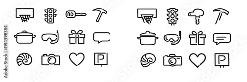 Minimalist line icons set featuring everyday objects including camera heart gift box traffic light and basketball hoop on white background