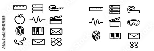 Collection of minimalist outline icons representing various categories including education technology health and media on white background
