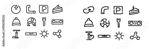 Set of black line icons representing various objects including parking sign cake slice winter hat fan fork radio sun and tools