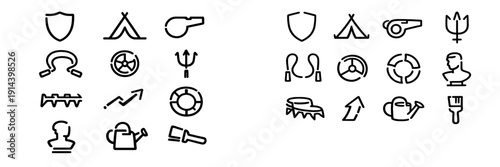 Minimalist black line icons set featuring camping gear sports equipment and creative tools isolated on a white background
