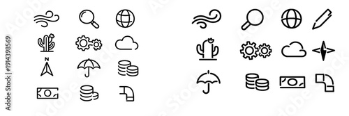 Minimalist line icon set featuring wind globe cactus gears cloud compass umbrella coins money and pipe symbols on white background