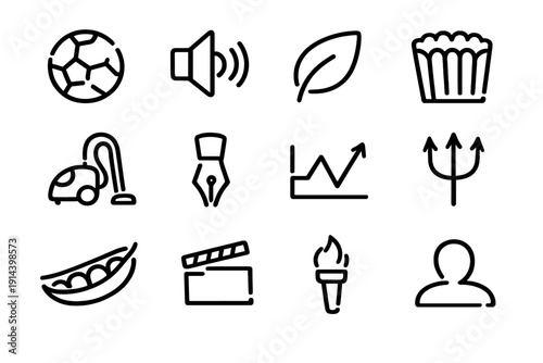 Minimalist black line icons including soccer ball speaker leaf cupcake vacuum pen nib graph trident peas clapperboard torch and user