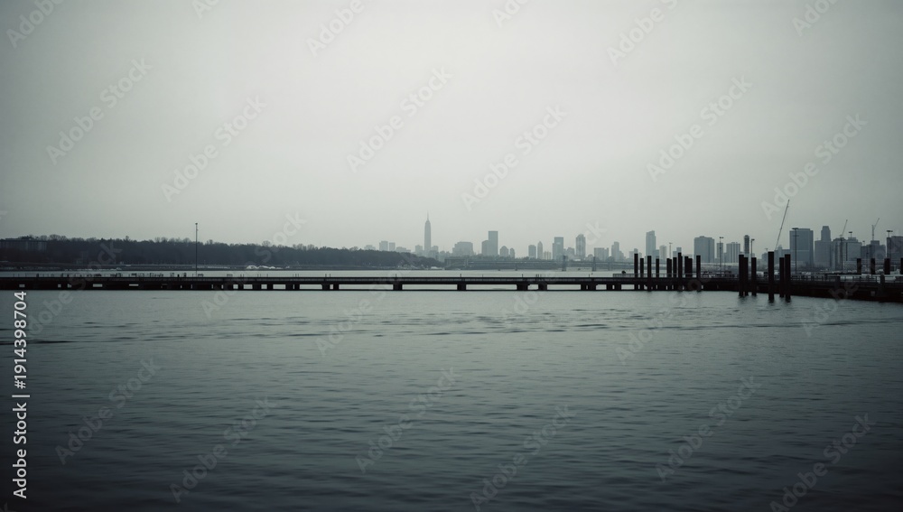 Fototapeta premium City Skyline Viewed From the River During a Cloudy Day in Winter