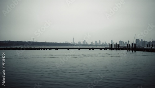 City Skyline Viewed From the River During a Cloudy Day in Winter