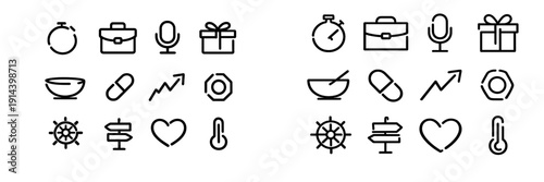 Collection of simple black line icons including briefcase heart microphone gift box and thermometer on white background