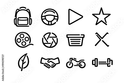 Minimalist black line icons set with backpack steering wheel play button star film reel camera shutter basket cross leaf and handshake