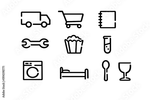 Black line icons for delivery truck shopping cart notebook wrench popcorn test tube washing machine bed spoon and wine glass