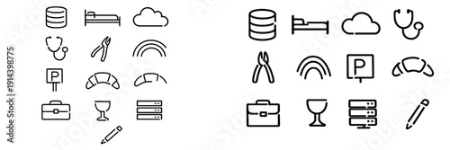 Minimalist black line icons representing various categories including technology healthcare travel food and business tools on white