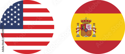 A set of circular icons of the flags of the United States of America and Spain.