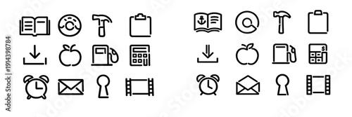 Set of minimalist black line icons including book hammer gas pump and alarm clock on white background