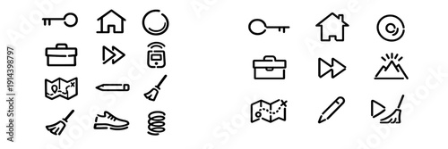Minimalist black line icon set featuring everyday objects like a key house briefcase map pencil and broom on a white background