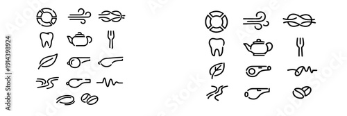 Minimalist black line icons featuring a lifebuoy tooth teapot leaf whistle and coffee beans isolated on a white background
