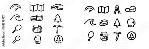 Set of black line icons representing outdoor activities travel sports and tools on white background