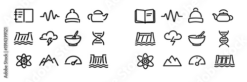 Collection of black line icons representing various categories including science nature weather and household objects on white background