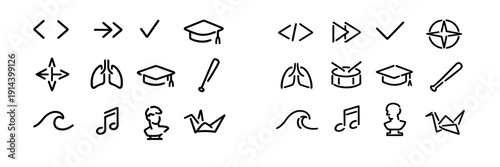 Minimalist black line icons set including graduation cap music note lungs origami crane and baseball bat symbols
