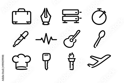 Minimalist black line icons featuring briefcase pen nib server stopwatch pipette pulse guitar spoon chef hat key torch and airplane