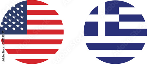 A set of circular icons of the flags of the United States of America and Greece.