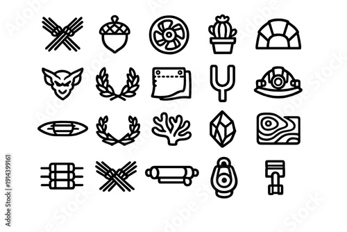 Set of black and white line icons featuring nature elements, industrial tools, and fantasy symbols on a white background