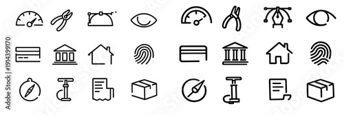 Collection of minimalist line icons including house bank credit card fingerprint eye and tools for web and app interface design