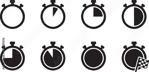 Set of Black and White Stopwatch Icons Showing Time Progression