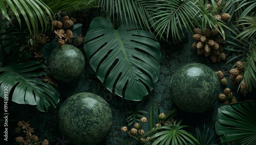 Green Spheres and Large Leaves Create a Rich Setting in a Tropical Scene With Nuts and Plants Nearby