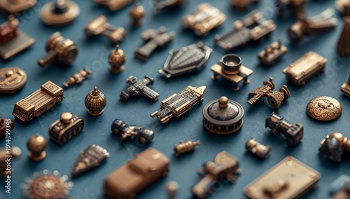 Unique Collection of Small Metallic Objects Displayed on a Blue Surface at an...