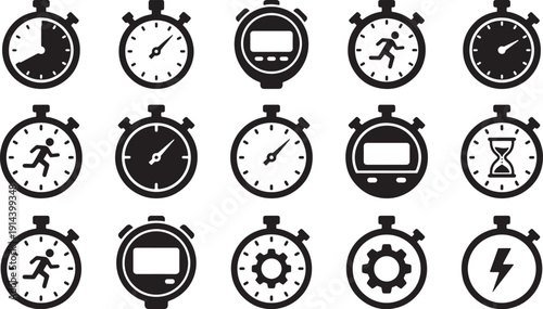 Collection of Stopwatch and Timer Icons for Time Measurement and Sports