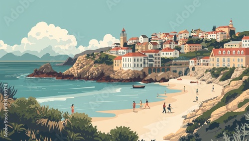 Coastal View With People Walking on Beach and Enjoying the Sunny Day in a Sce...