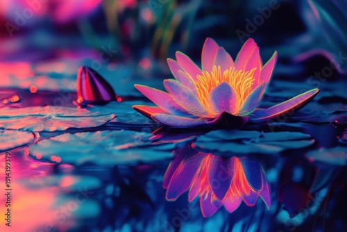 Vibrant lotus flower blooming on tranquil water with mesmerizing reflections at dusk