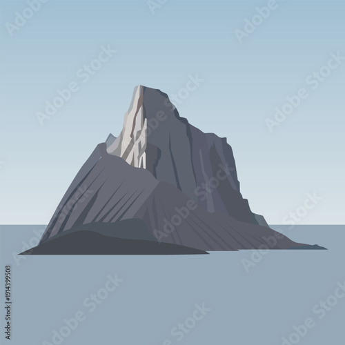 A mountain in the sea, depicted as a light-colored peak against a backdrop of sea and sky in blue halftones. Vector illustration depicting a seascape for design in a natural beauty style.