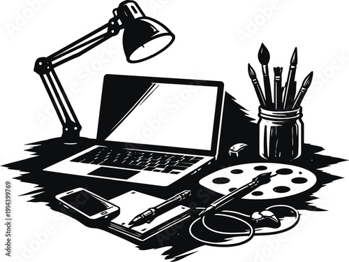 Vector illustration of a black and white artist's desk with laptop, lamp, paintbrushes, palette, smartphone, and notebook, isolated on transparent background.