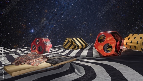 Artistic Scene With Geometric Shapes and Objects in Space Setting at Night