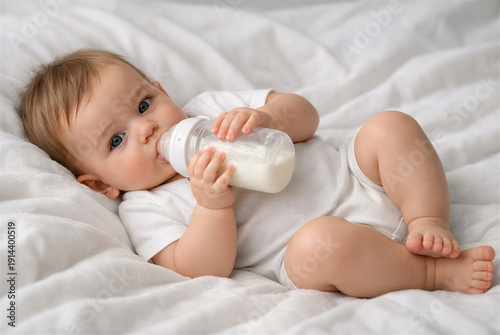Baby with a bottle of breast milk on a blanket
