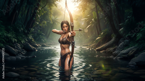Female amazon warrior wearing a leather bikini top and loincloth hunting with her longbow in a river of a tropical rainforest