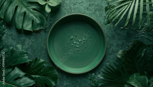 Green Plate Surrounded by Tropical Leaves on a Textured Surface in a Simple S...